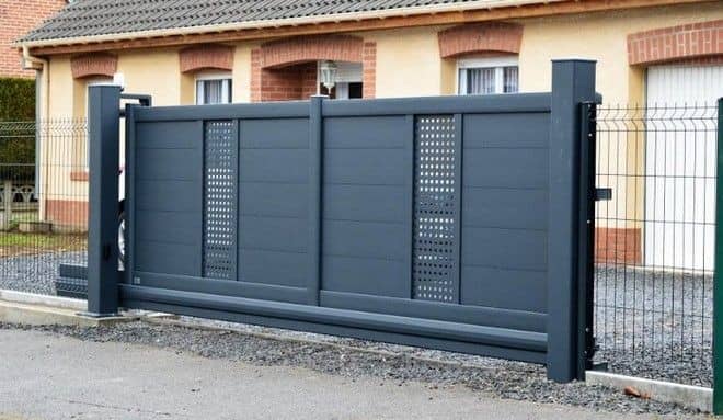 Sliding charcoal gate with perforated metal accents