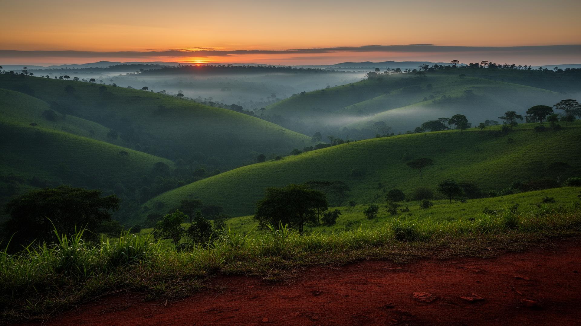 Mist-covered hills of Uganda at dawn, the Pearl of Africa